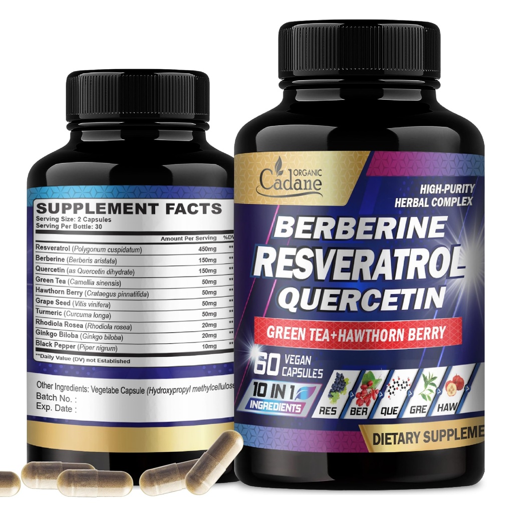 Cadane Resveratrol täydentää - 10in1 Plus kanssa Quercetin, berberiini, vihreä tee, viinirypäleen siemen, Hawthorn Berry, Turmeric, Rhodiola Rosea, Ginkgo Biloba, ja mustapippuri - 60 kapselia