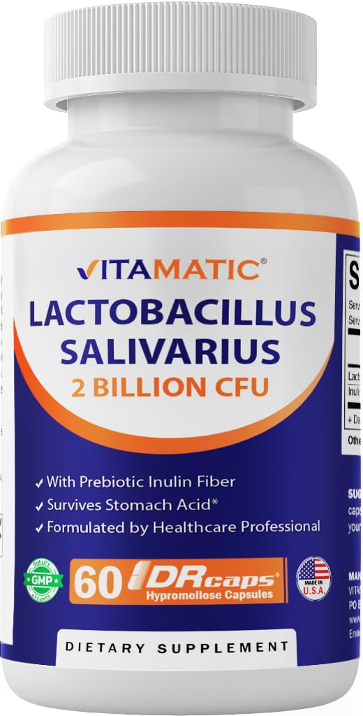Vitamatic Lactobacillus Salivarius 2 miljardia per DR-kapseli - 60 luku - Ruoansulatuskanavan tuki - Valmistettu prebioottisella inuliinikuidusta (1 pullo)