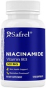 Safrel Niacinamide 500mg (Vitamin B3) - 120 kapslar - Hudhälsa och fläckfri stöd - icke-GMO, glutenfri - Flushfri formel - för män och kvinnors hälsa