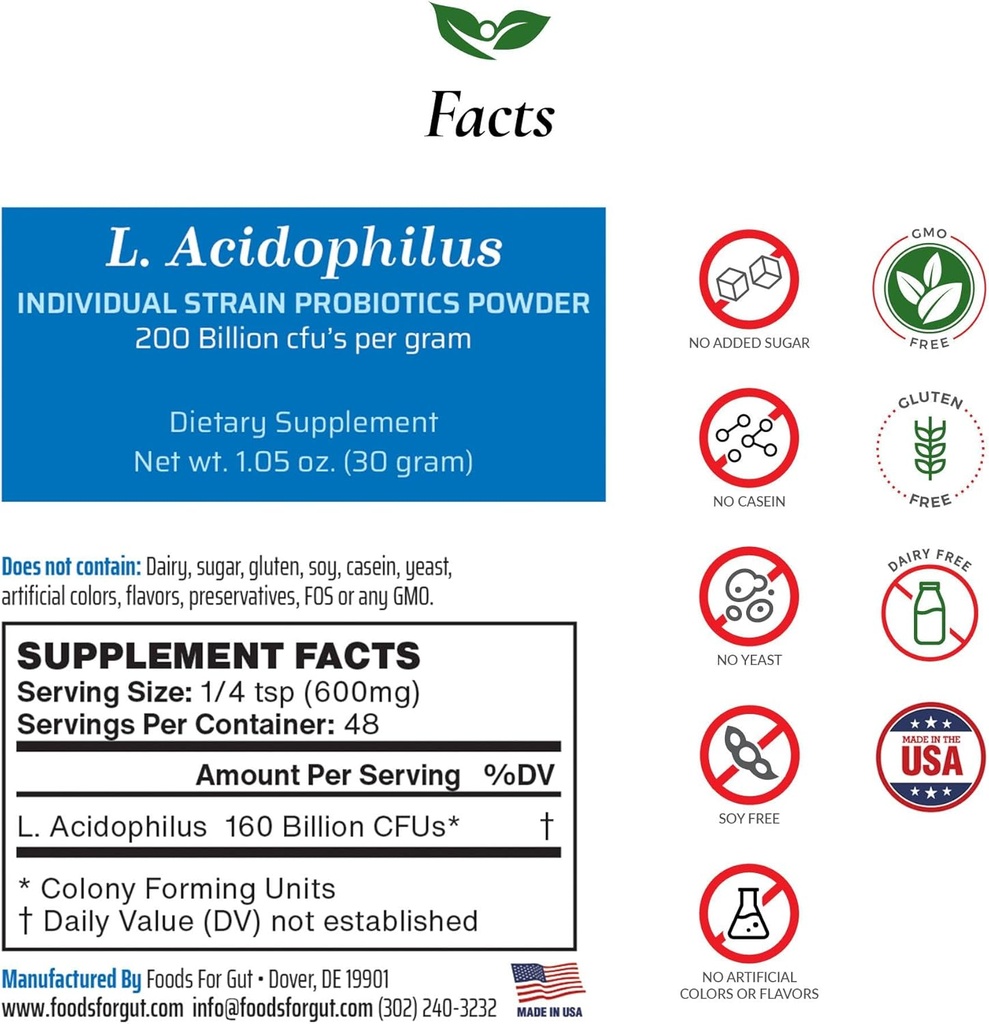 Livsmedel för Gut Lactobacillus Acidophilus Probiotic Powder 200 miljarder cfu | Made in USA | No Additives | Direkt från tillverkare | Ingen tredjepartsförvaring | Immune Support | 30 Grams (1,05 Oz)