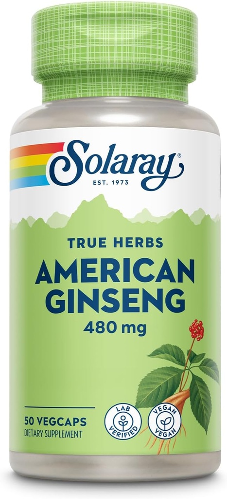 SOLARAY American Ginseng 480 mg | Adaptogen ört | Hälsosam stress, energi och fysisk uthållighet stöd | 50 VegCaps