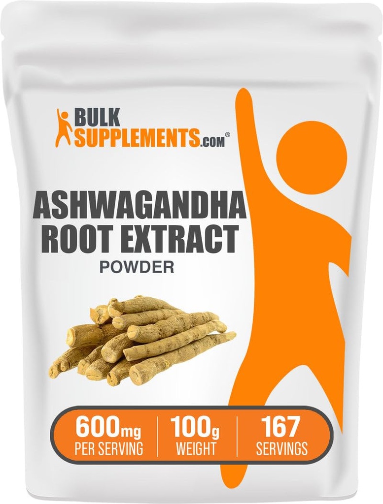 BulkSupplements.com Ashwagandha Root Extract Powder - Ashwagandha Supplement, Herbal Supplement - Vegan & Gluten Free, 600mg per Servering, 100g (3,5 oz) (Pack av 1)
