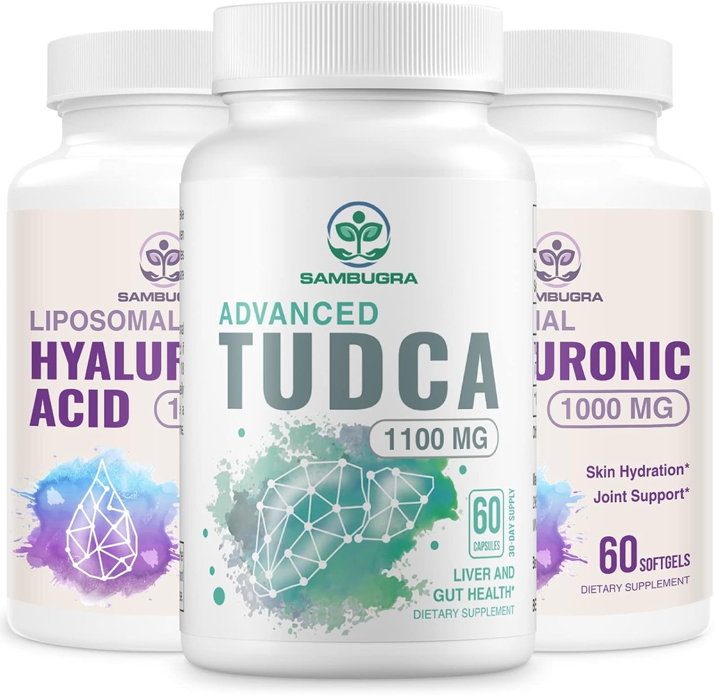 TUDCA Liver Supplements 1100 mg ja Liposomal Hyaluronic Acid Supplements 1000 mg, korkea hyötyosuus täydentää (paketti 3)