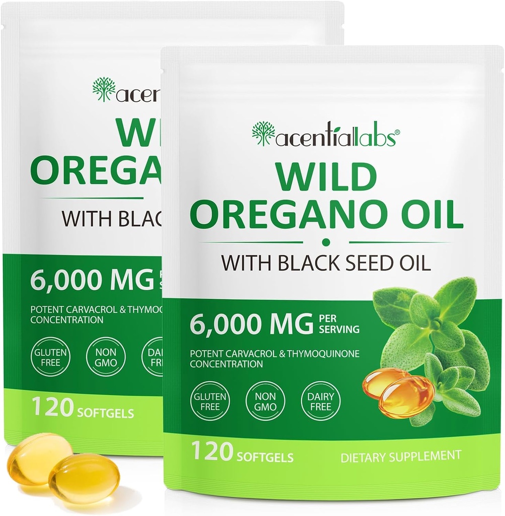 Oil of Oregano Softgels 6000mg 2 Pack, 2 in 1 Formuloitu musta siemenöljy 120 Count, Oregano Oil Kapselit Organic, Gluteeniton Oil of Oregano Softgels, non-GMO & Immuuni Tuki
