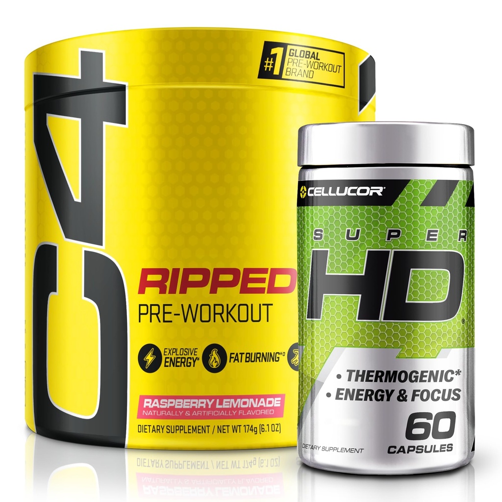 C4 repi & SuperHD, Thermogenic Bundle, C4 repäisi Esiharjoitusjauhe, Vadelma sitruunamehu 30 Tarjoilut + SuperHD Capsimax ja vihreä teeuute, 60 tarjoilua