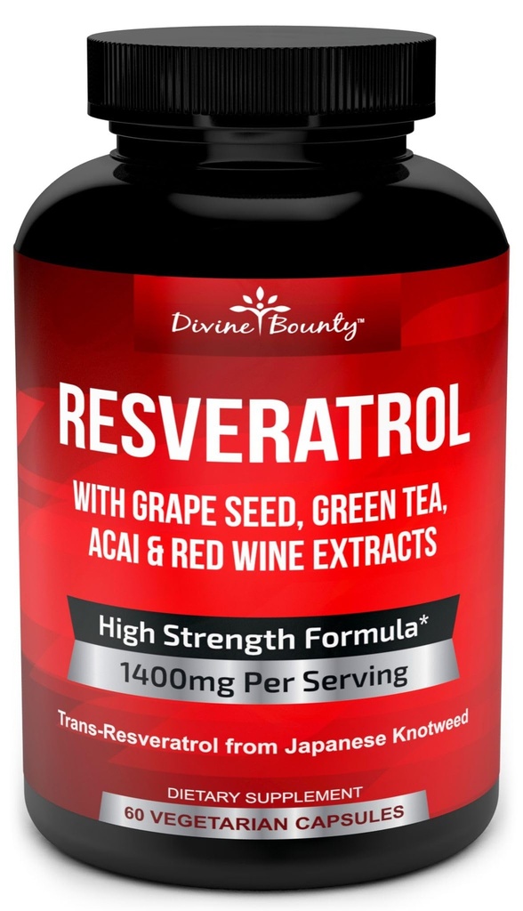 Resveratrol Supplement - 1400 mg extra styrka Formel med Grape Seed Extract, Green Tea Extract, Red Wine Extract - 60 Veggie Capsules