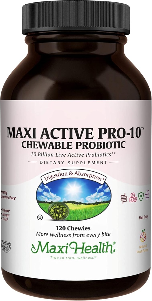 Maxi Health Active Pro-10 Kids Probiotic Chewables - 15 Stammar för Digestive & Immune Health - 10 miljarder probiotiska Blend- Dairy-Free, Kosher - Stöder Gut Health, Vegetarian - 60 ct (Shelf Stable)