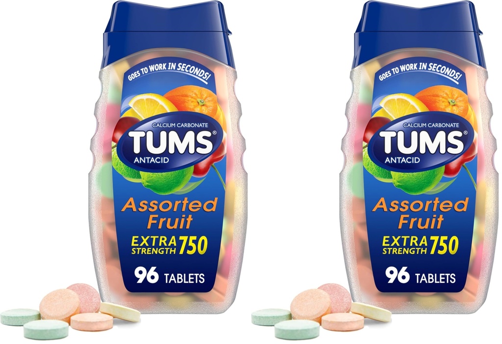 TUMS Extra Strength Antasidit Sydämen närästyksen lievittämiseen ja ruuansulatuksen lievittämiseen, hedelmän maku - 96
