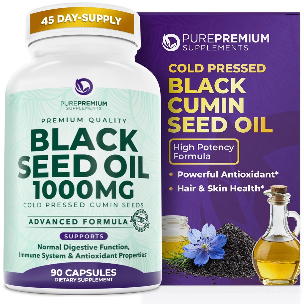 PurePremium Musta siemenöljy 500mg - Organic Nigella Sativa Siemenet, Cold Pressed Black Cumin Oil Extract - Hiusten/ihon täydentää miesten / naisten pakkaus 90 kapselia