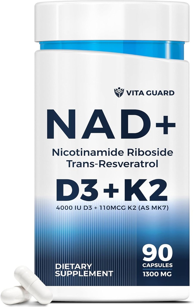 Anti-Aging Energy NAD Supplement - NMN Alternative med Nicotinamide Riboside 1000mg, Trans-Resveratrol 300mg, Vitamin D3 4000 IE och K2 110 mcg MK7 - Vegetariska 60 kapslar, 1300mg