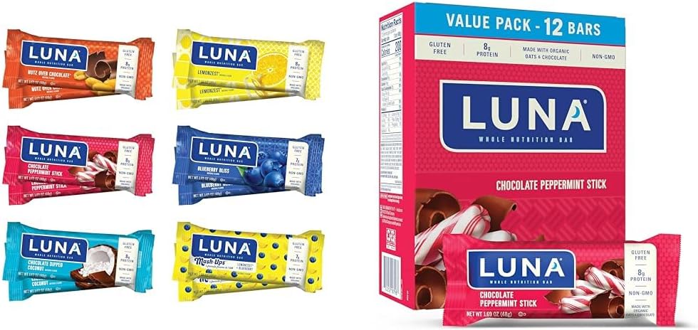 Luna Bar Variety Pack (12 kreivi) + Suklaa Piparminttu Stick (12 pakkaus) - Gluteenittomat välipalat