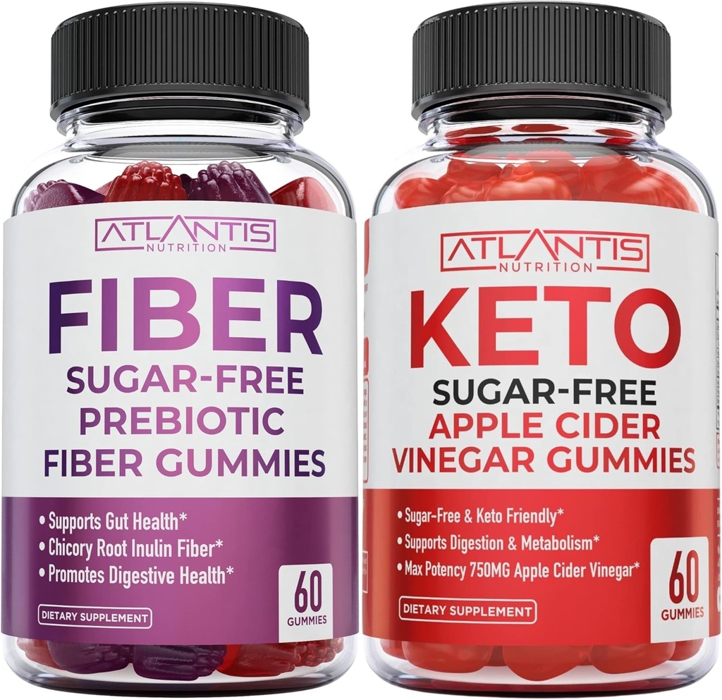 Atlantis Nutrition Sugar Free Prebiotic Fiber Gummies för vuxna 2-pack (120 Gummies) + Sugar Free Keto Apple Cider Vinegar 60 Gummies