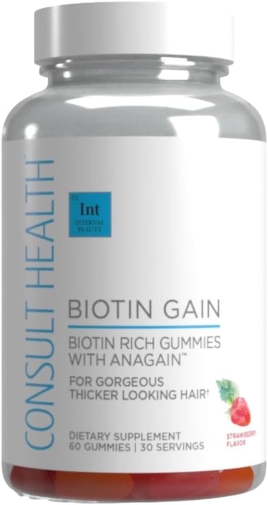 Consult Health BIOTIN GAIN Gummies kanssa ANAGAIN - Vähentää hiustenlähtö - Kliinisesti testattu - 10,000 mikrog Biotiini B7-vitamiini tukea tervettä hiusten kasvua, ihoa ja kynsiä naisille ja miehille - 60