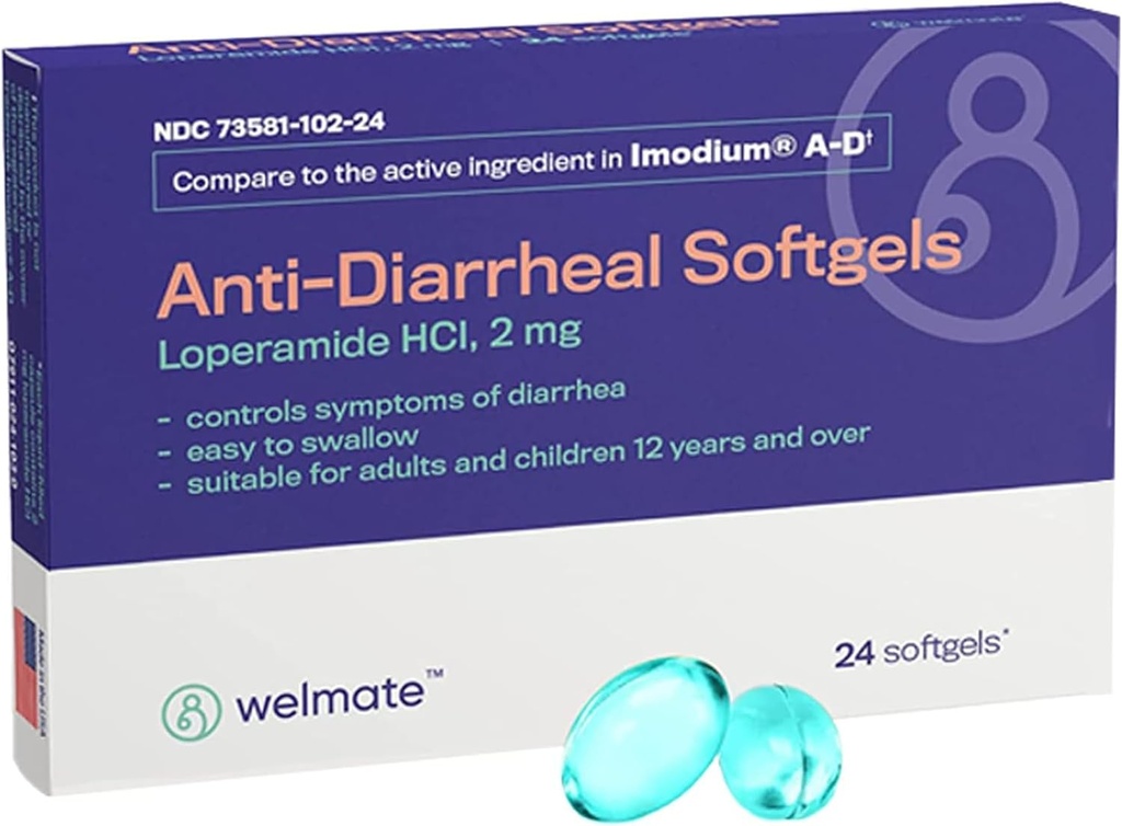 WELMATE - Anti-Diarrheal Softgels (24 Softgels) - Loperamid HCL 2 mg - Diarré Symptom Relief - Upprörd mage Reliever - Anti Diarrhea Pills - Over-The-Counter Medication