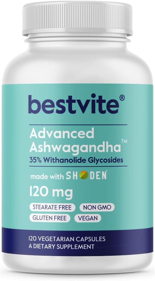 BESTVITE Advanced Ashwagandha 120mg w/Shoden (120 kasvissyöjäkapselia) - Kliinisesti tutkittu Containing Industry Johtava 35% Withanolide Glycosides - No Stearates - Vegan - Non GMO - Gluteeniton