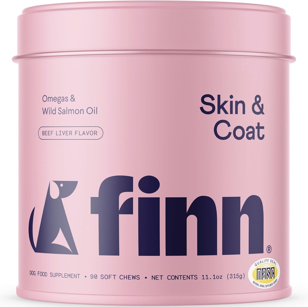Finn Skin & Coat Salmon Oil Supplement för hundar | Stöder En Tjock & Shiny Coat | Fiskolja från Wild Alaskan Salmon, Omega-3s, EPA & DHA, Biotin, & Zink | 90 Mjuka Chews