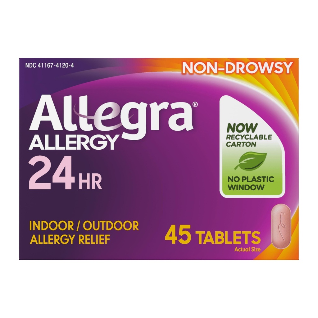 Allegra Adult 24 tunnin Allergia Relief -tabletit, ei-huokoiset sisä- ja ulko allergialääkkeet, 180 mg Fexofenadiinia HCI antihistamiinia pilleri, 45- count