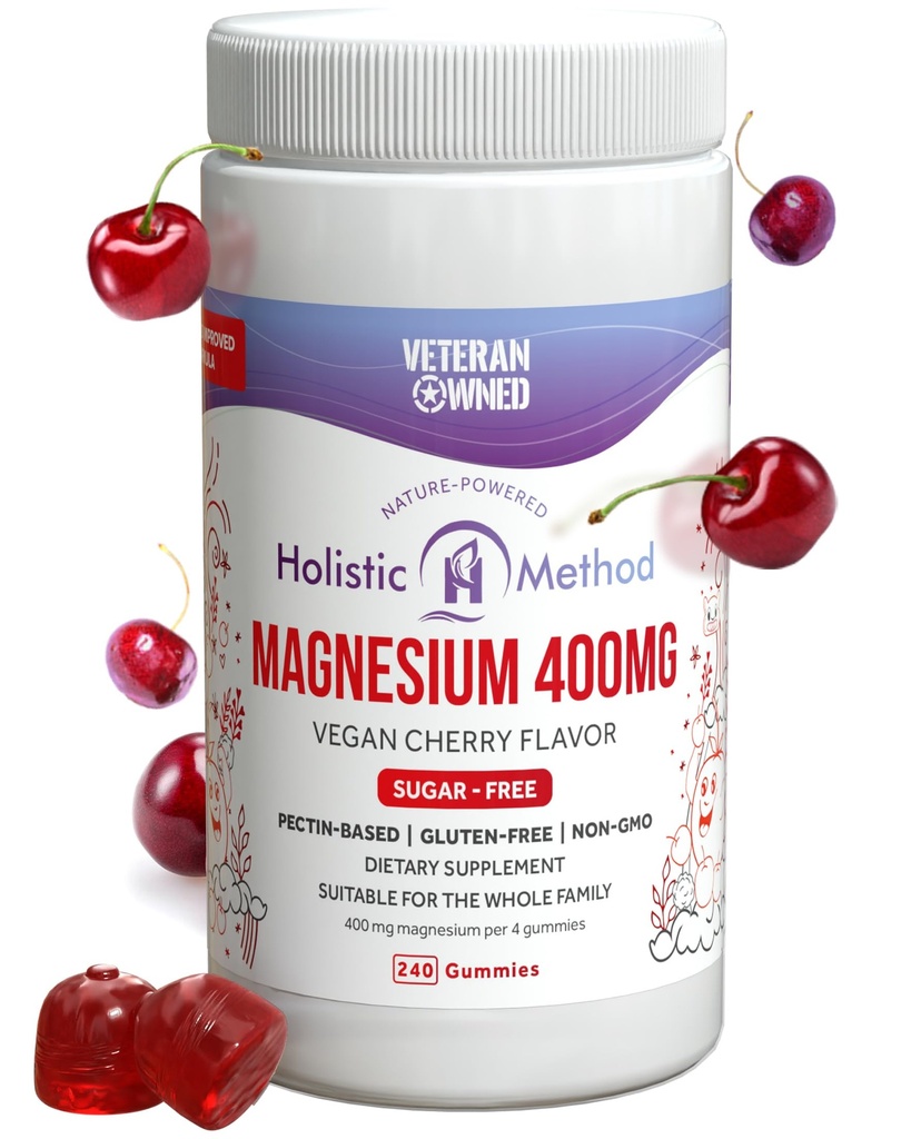 Magnesium Citrate Gummies - Sugar-Free, Vegan och icke-GMO för bättre sömn och avkoppling - No Sugar Alkohol - Magnesium Supplement för vuxna, tonåringar och barn - Cherry - 240 Chews