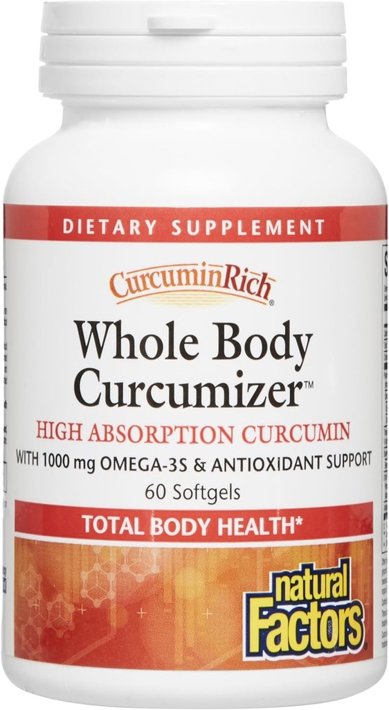 CurcuminRich koko kehon Curcumizer Natural Factors, Tukee terve sydän, nivelet, aivot ja tulehtumaton vaste Omega-3 EPA ja DHA, 60 softgels (30 annosta)