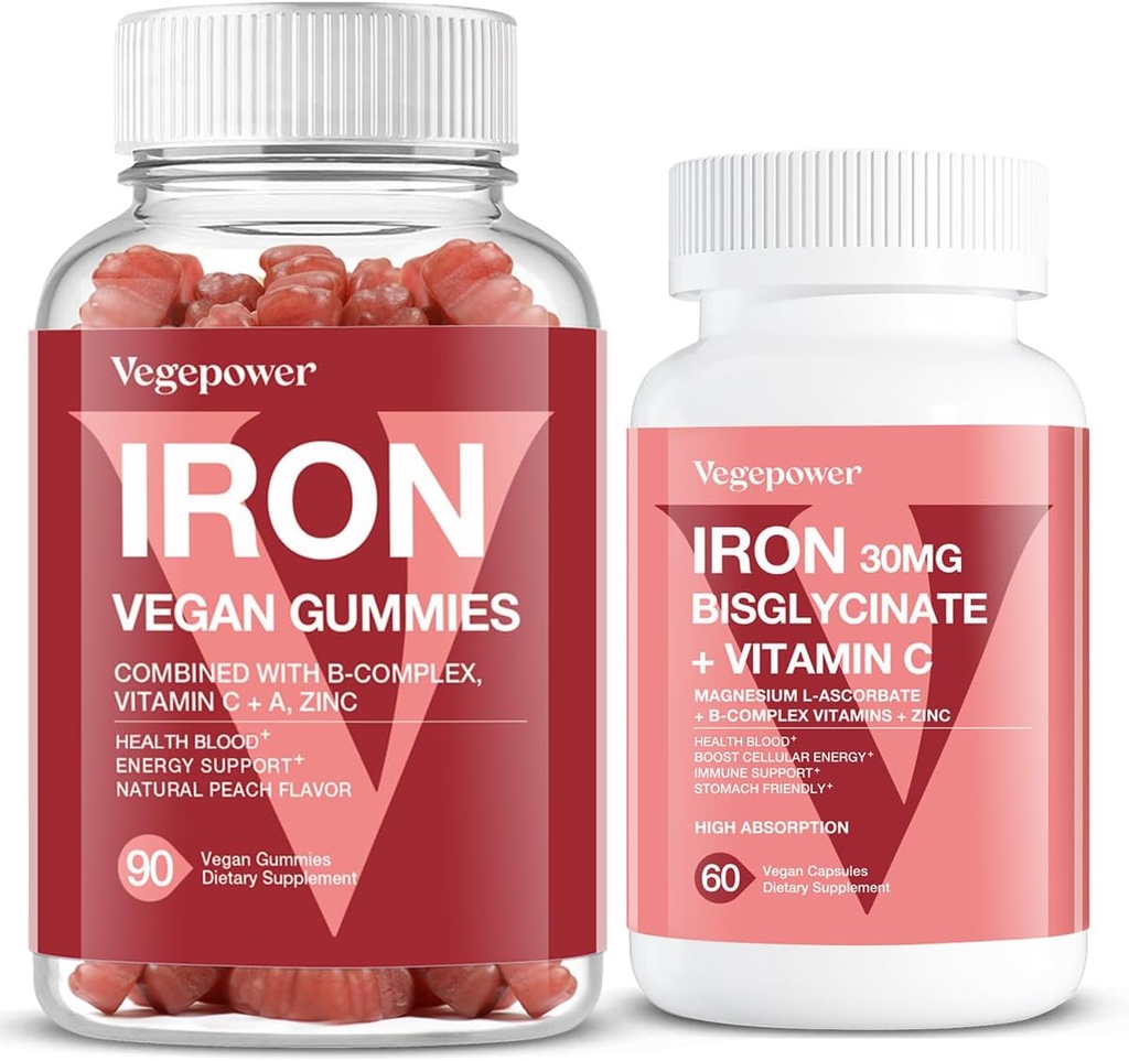 Vegan Iron Gummies + Iron Bisglycinate 30MG | Vegan Iron Supplement Support för blod hälsosam och daglig energi för vuxna och barn - 90 greve + 60 greve