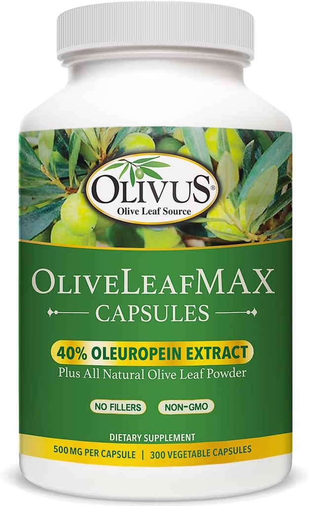 OliveLeafMAX Olive Leaf Extract (40% Oleuroepin) + Organic Olive Leaf Powder + No Fillers + 300 vegetariska kapslar + Källa från Spanien och tillverkad i USA på GMP Facility