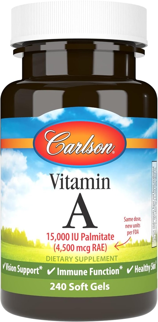 Carlson - A-vitamiini, 15000 IU palmitaattia (4500 mikrog RAE), Vision Health, Terve iho, 240 Softgelia