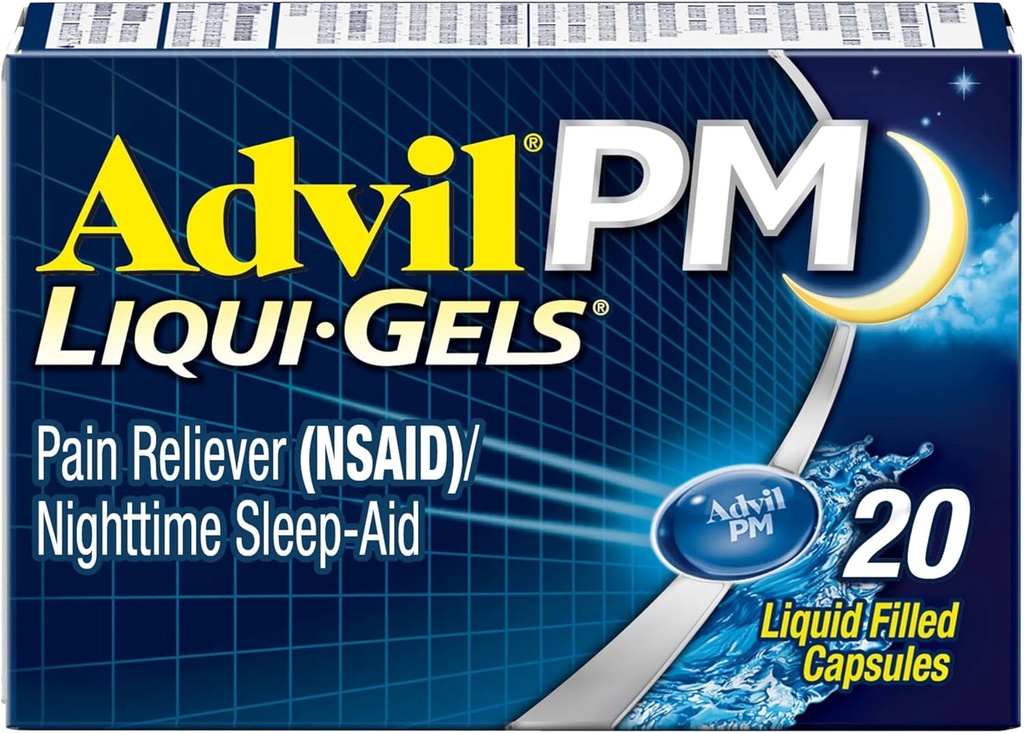 Advil PM Liqui-Gels Smärta Reliever och nattsömnhjälp, Smärtmedicin med Ibuprofen för smärtlindring och Diphenhydramin HCL för en sömnhjälp - 20 flytande fyllda kapslar - Tillbaka till College