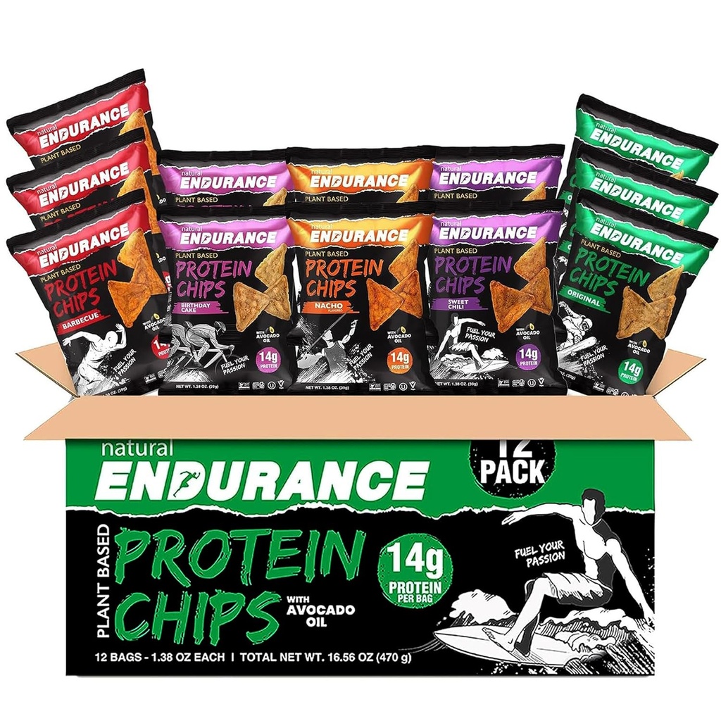 Natural Endurance Protein Chips - Low Carb Chips, High Protein Snack, Vegan Protein Avokado Oil, 14g Protein Per Bag, Gluten Free, Nacho, BBQ, Chili, Syntymäpäiväkakku, Original - Variety Pack, 1.38 oz Bags (Pack of 12)