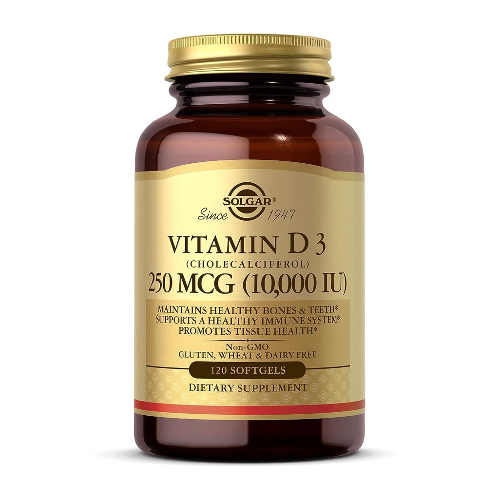 Solgar D3- vitamiini (kolekalsiferoli) 250 MCG (10 000 IU), 120 Softgels - auttaa säilyttämään terveet luut ja hampaat - Immuunijärjestelmän tuki - Ei muuntogeenisiä organismeja, gluteenia/ maitotuotteita - 120 tarjoilua