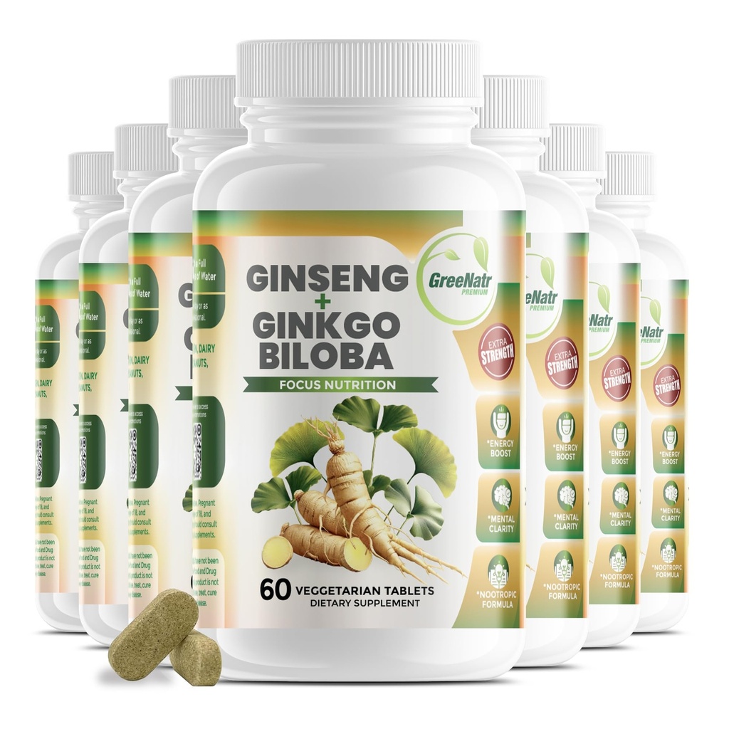 GreeNatr Ginko Biloba & Panax Ginseng Supplement - Red Ginseng Brain Supplement for Memory and Focus - Ginkgo Biloba Supplements for Good Vision, Immuunijärjestelmä ja parannettu verenvirtaus - 12 pullot