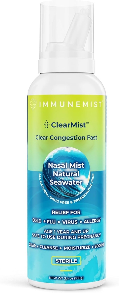 ClearMist Natural Seawater Nasal Spray for Congestion Relief, Hypertonic Saline Nasal Spray för Dry Nose, Moisturizing Sinus Decongestant Relief for Adults and Kids Made in Sweden, Safe for Ages 1+