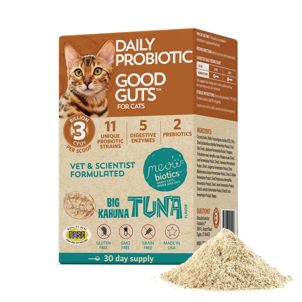 Meowbiootit Hyvä Guts kissoille Probioottijauhe, 11 Probioottikanta, 2 Prebiootit, 5 Ruoansulatuskanavan entsyymit, tonnikalan maku, Probiootit kissoille, sisätiloissa ja ulkona (30 päivää)