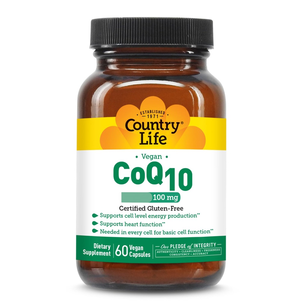 Country Life Simply CoQ10 100mg - Stöder hjärtfunktion och cellulär energi, Vegan Softgels, Certified Gluten-Free, Non-GMO Supplement, 60 ct - Cardiovascular Health Support