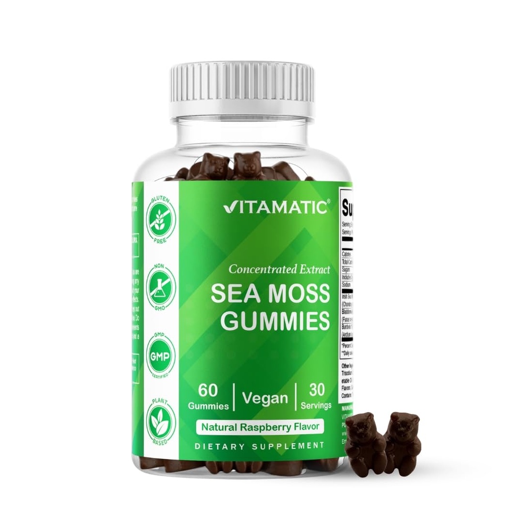 Vitamatic Irish Sea Moss Gummies ... 3000mg Ekvivalentti per Serving (uute 132.5mg) ...60 Ct Valmistettu rakkomurskalla & Burdockin juurilla...