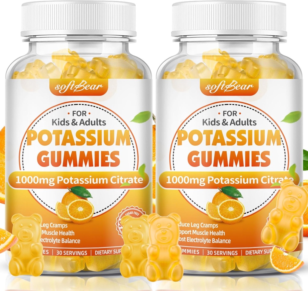 softbear Kaliumsitraatti 1000 mg, sokeriton kalium Gummies aikuisille Tuki jalat ja lihasten terveys Korkea teho Kalium täydentää Gummies Orange maku 120 Count