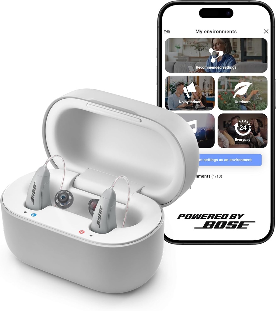 Lexie B2 OTC Hörapparater som drivs av Bose - Bluetooth Call aktiverad för iOS, laddningsbar med App Control, hela dagen komfort. Självpassande lösning, bullerreducering, för mild till måttlig hörselnedsättning (Gray)