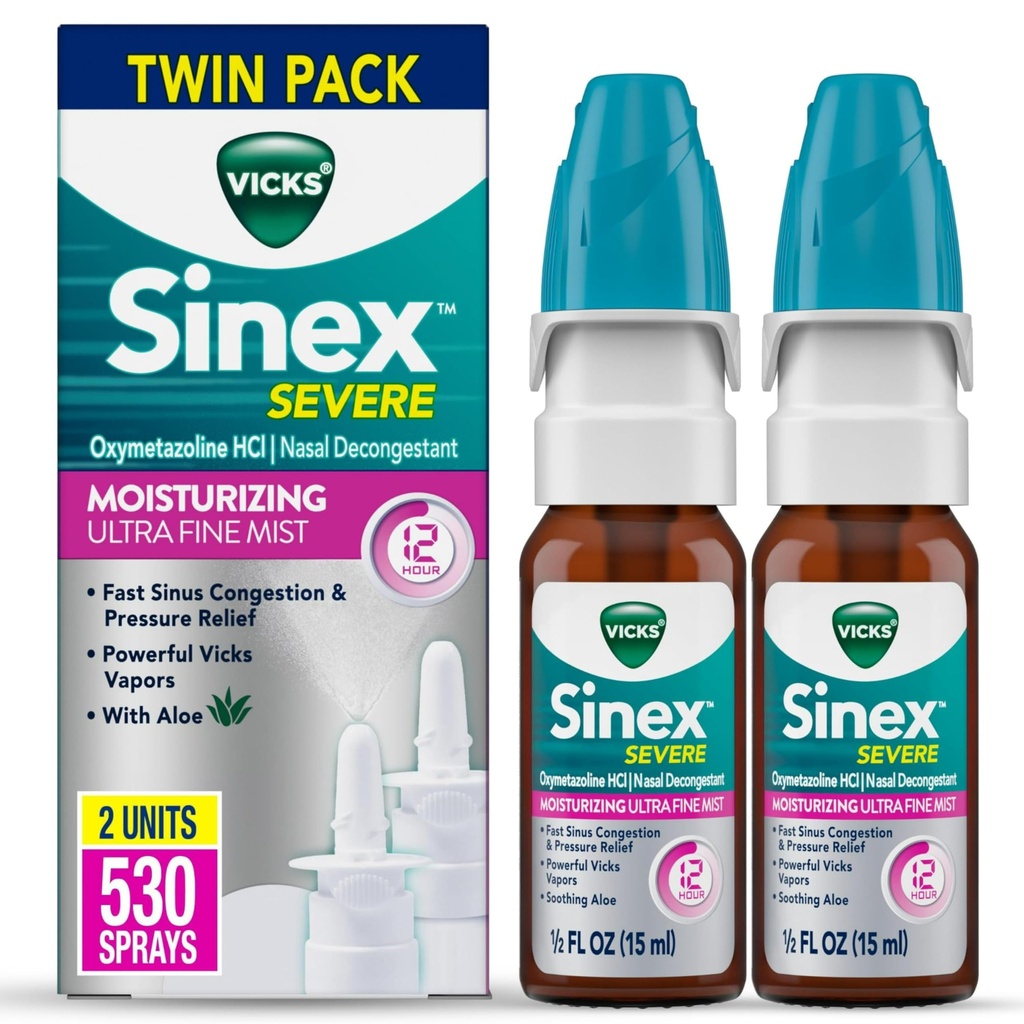 Vicks Sinex Vakava nenän sumutus, Kosteuttava Ultra Fine Mist Aloe, Decongesstant Medicine, Helpotus Stuffy nenä Koska kylmä tai allergia, Nenän ahtauma & Sinus paineen helpotus, 265 Sprays x 2