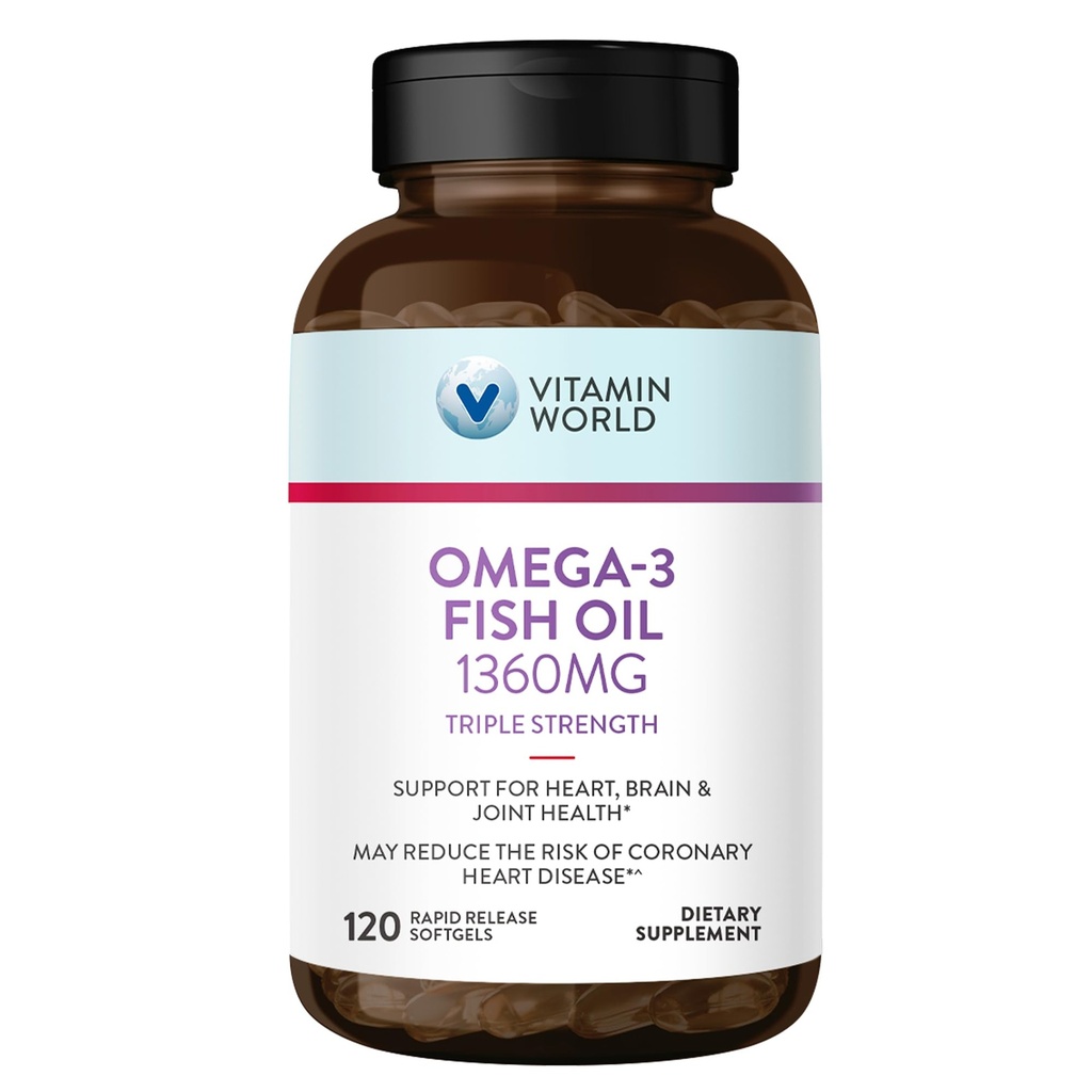 Vitamin World Triple Strength Omega 3 Fish Oil 1360 mg Supplement, 950 mg Active Omega-3 Fatty Acids med EPA & DHA, stöder hjärta, hjärna och gemensam hälsa, Gluten Free, 120 Softgels, 4 månaders leverans