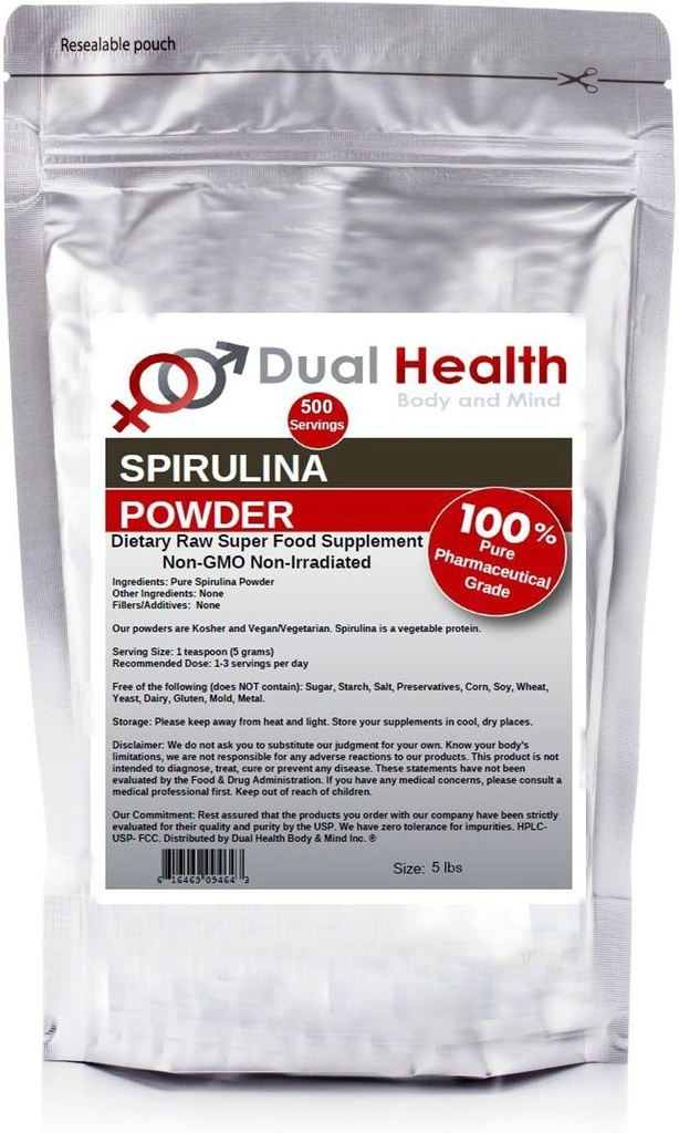 Dual Health Body & Mind Pure Spirulina Powder (5 lbs) Irradiated Protein Superfood Bulk Supplements