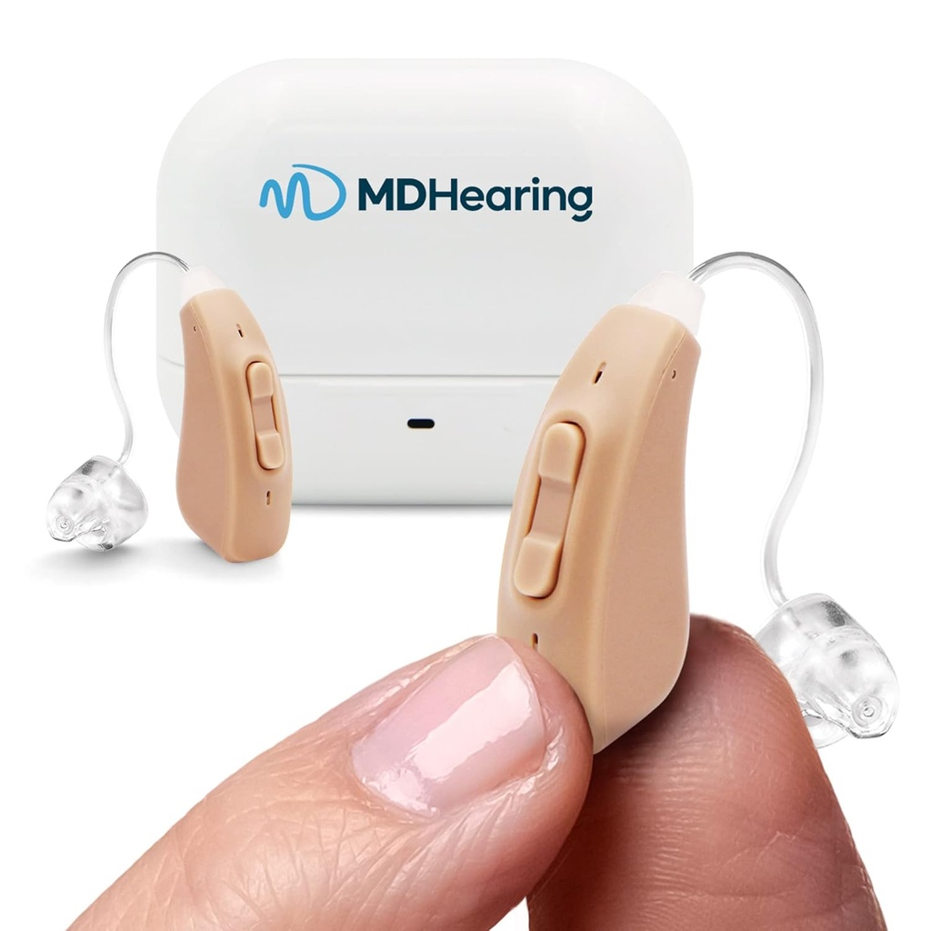 MDHearingAid AIR kuulolaite (pari), OTC-ladattava, kristallinkirkas digitaalinen ääni MDHearing, täydellinen lasit, lähes näkymätön