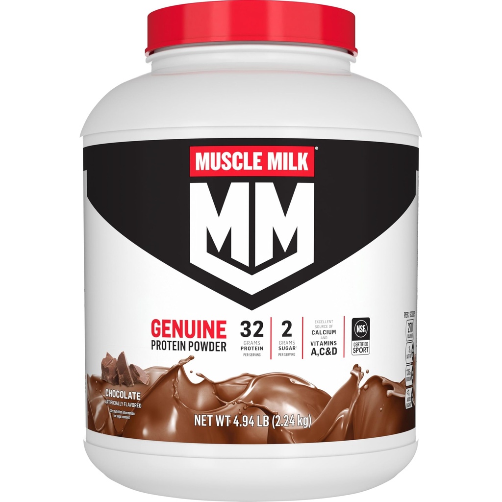 Muskelmjölk äkta proteinpulver, choklad, 4,94 pund, 32 portioner, 32 g protein, 2g socker, kalcium, vitamin A, C & D, NSF Certified for Sport, Energizing Snack, Packaging May Vary