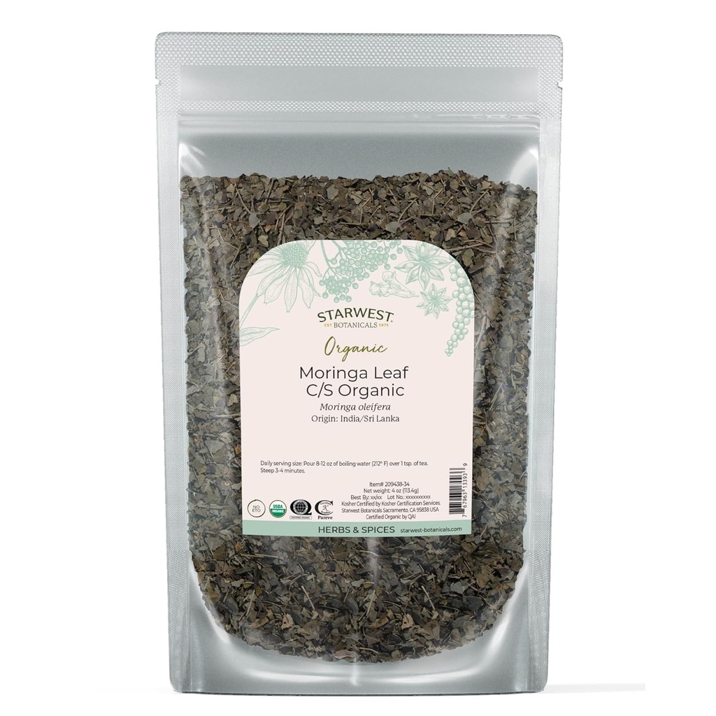 Starwest Kasvitieteet Organic Moringa Leaf - Herb for Tea, Kapselit, Juice, & Smoothies, Natural Source of Antioxidants, Leikkaa & Sifted, Certified Kosher, Non GMO - 4 oz Pouch