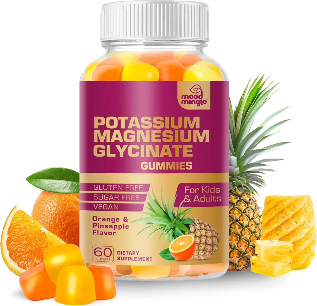 MoodMingle Kalium Magnesium Glycinate täydennysosa Gummies - suuri Imeytyminen Kalium purukumia - kalsiumvitamiinit B6 B12 C D3 K2 Sinkki - Vegaani sokeriton Gluteeniton lapsille Aikuiset