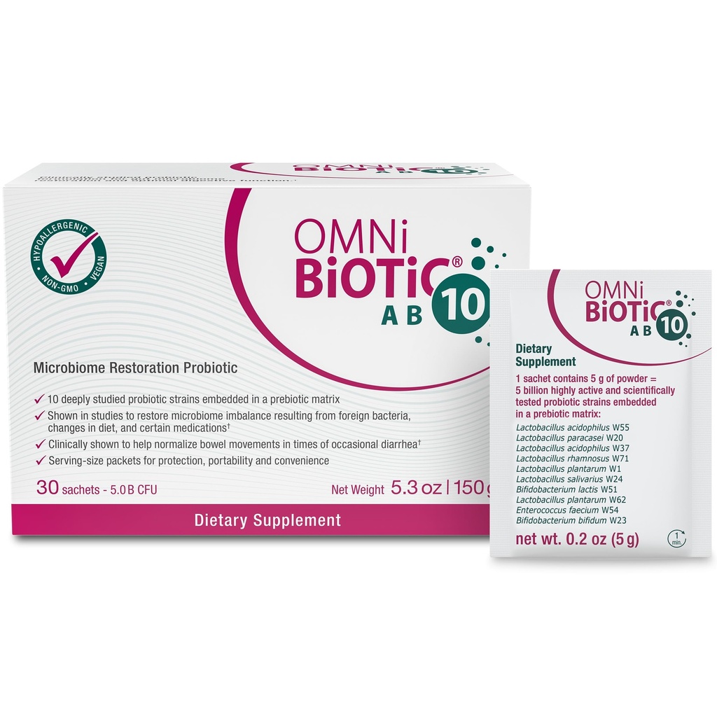 OMNi BiOTiC AB 10 - Kliinisesti testattu restoratiivinen probiootti - Tukee & Restores Gut Flora & Digestion - Ripulin digestiivinen probiootti - Vegaani, hypoallergenic, ei-GMO (30 päivittäistä pakkausta)