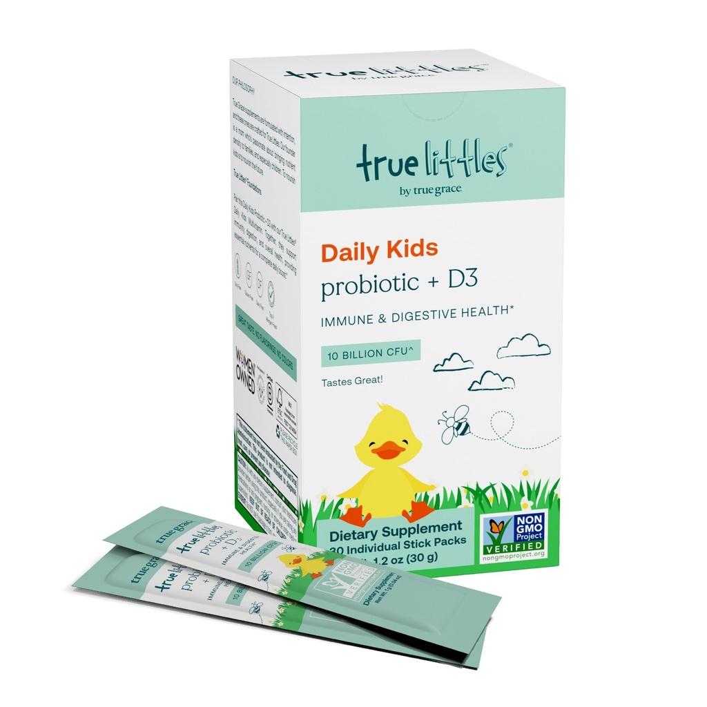 True Grace True Littles - 30 yksittäistä tikkupakkausta - Lapset. Päivittäinen probiootti + D3-vitamiinia immuuni- ja ruoansulatuselimistölle - Gluteenittomat, soijattomat ja maitotuotteet - 30 tarjoilua