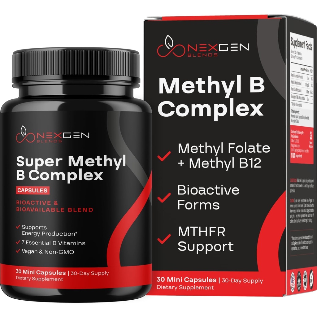 Methylated B Complex Supplement - Bioaktiivinen Metyyli B Complex 5-MTHF Methyl Folate & B12 Methylcobalamin Brain Heart Energy & Homokysteine Support - Super B-vitamiini Complex (30 count)
