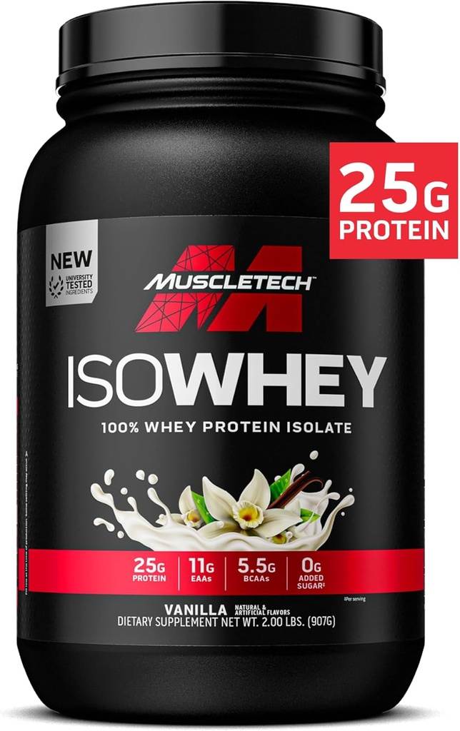 MuscleTech ISO Whey Isolate Protein Powder, Vanilla - Post Workout Gym Supplement för Lean Muscle Gain, Body Building Weight Gainer & Recovery - 25g Protein, BCAA, EAA & 0 Added Sugar - 2lbs