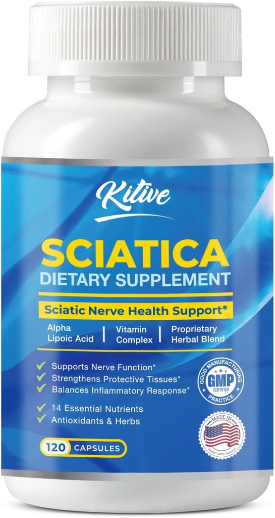 Sciatic Nerve Relief Supplement, Advanced Support Formula Nerve Health, Alpha Lipoic Acid, Vitamiini Complex, 120 kapselia, Valmistettu Yhdysvalloissa