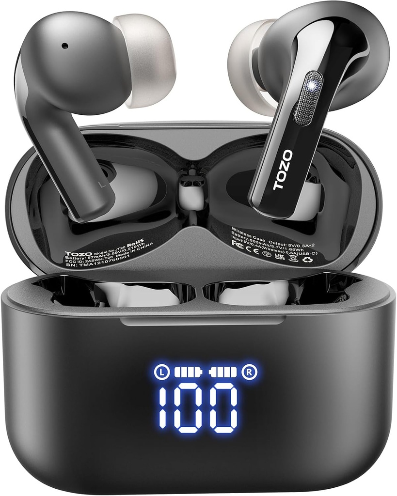 TOZO T20 langattomat kuulokkeet Bluetooth kuulokkeet 48,5 Hrs Leikkiaika LED Digital Display, IPX8 vedenpitävä, Dual Mic Call Noise Canceling 10mm Broad Range Kaiuttimet langaton lataus tapauksessa