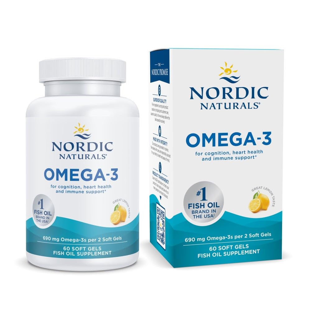 Nordic Naturals Omega-3, Lemon Flavor - 60 pehmeää geeliä - 690 mg Omega-3 - Kalaöljy - EPA & DHA - Immuunituki, aivojen ja sydämen terveys, optimaalinen hyvinvointi - ei GMO - 30 tarjoilua